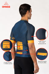 A male pedaler wearing a top-notch short-sleeved cycling jersey. The men's biking jersey features a stylish design and advanced fabric technology for optimal performance.
