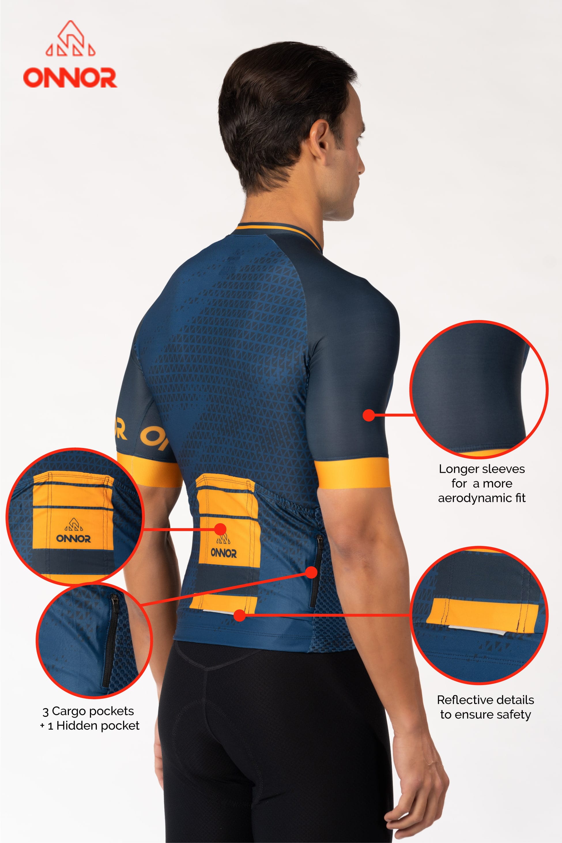 A male pedaler wearing a top-notch short-sleeved cycling jersey. The men's biking jersey features a stylish design and advanced fabric technology for optimal performance.