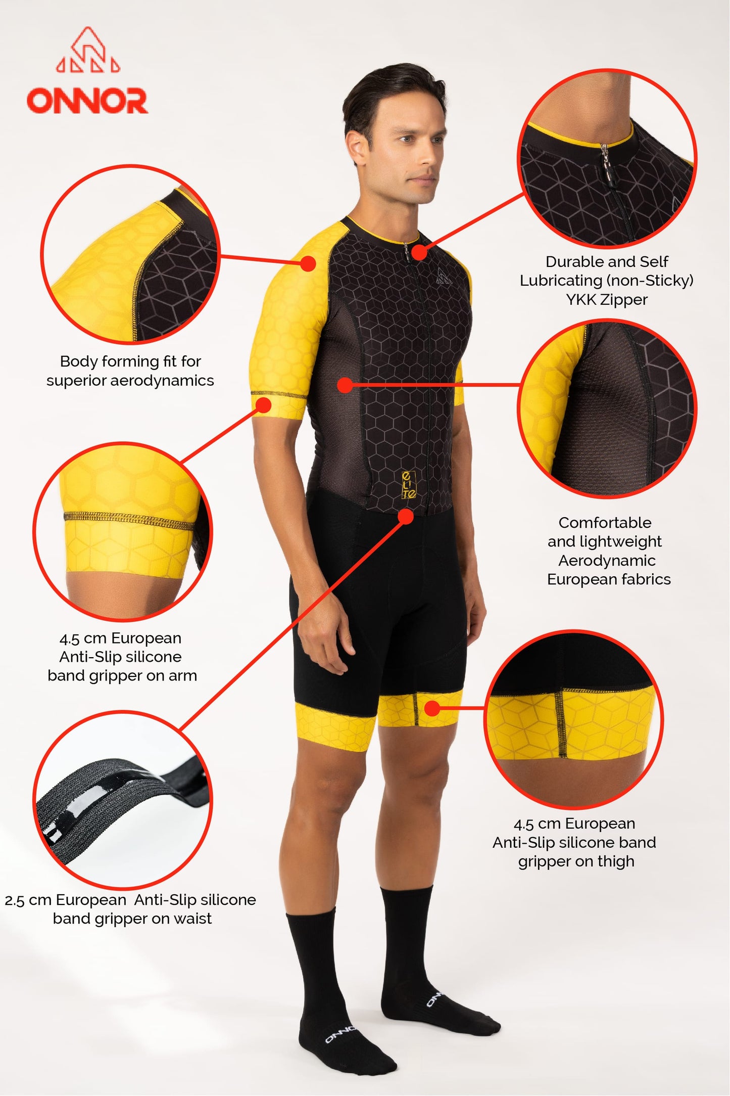 bicycle gear wear - mens black yellow cycling skinsuit short sleeve with pockets for professional biker for long rides