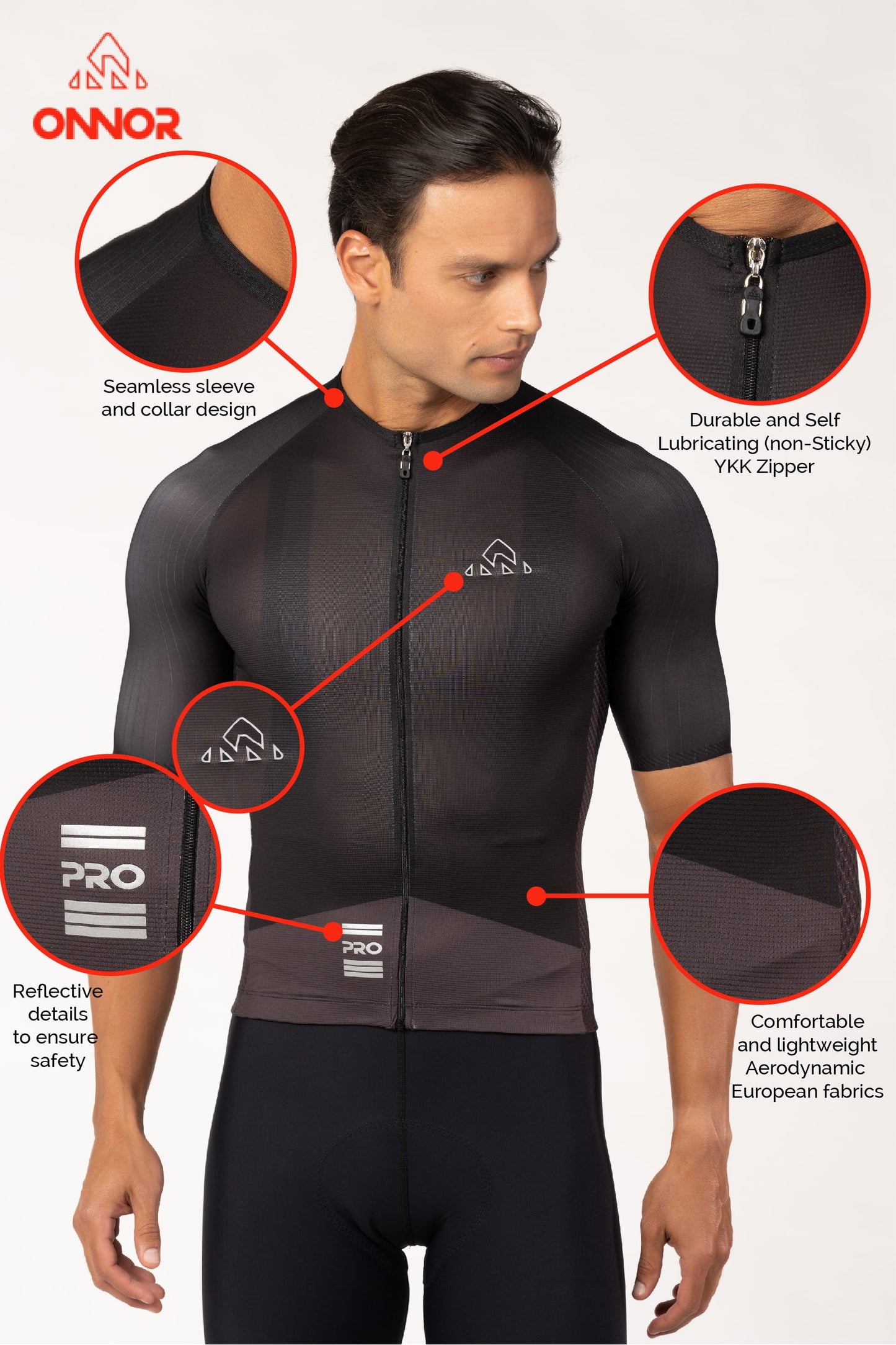 A man wearing a masculine cycling jersey with short sleeves. The jersey features a sleek design and high-quality fabric, making it perfect for intense rides or casual biking sessions.