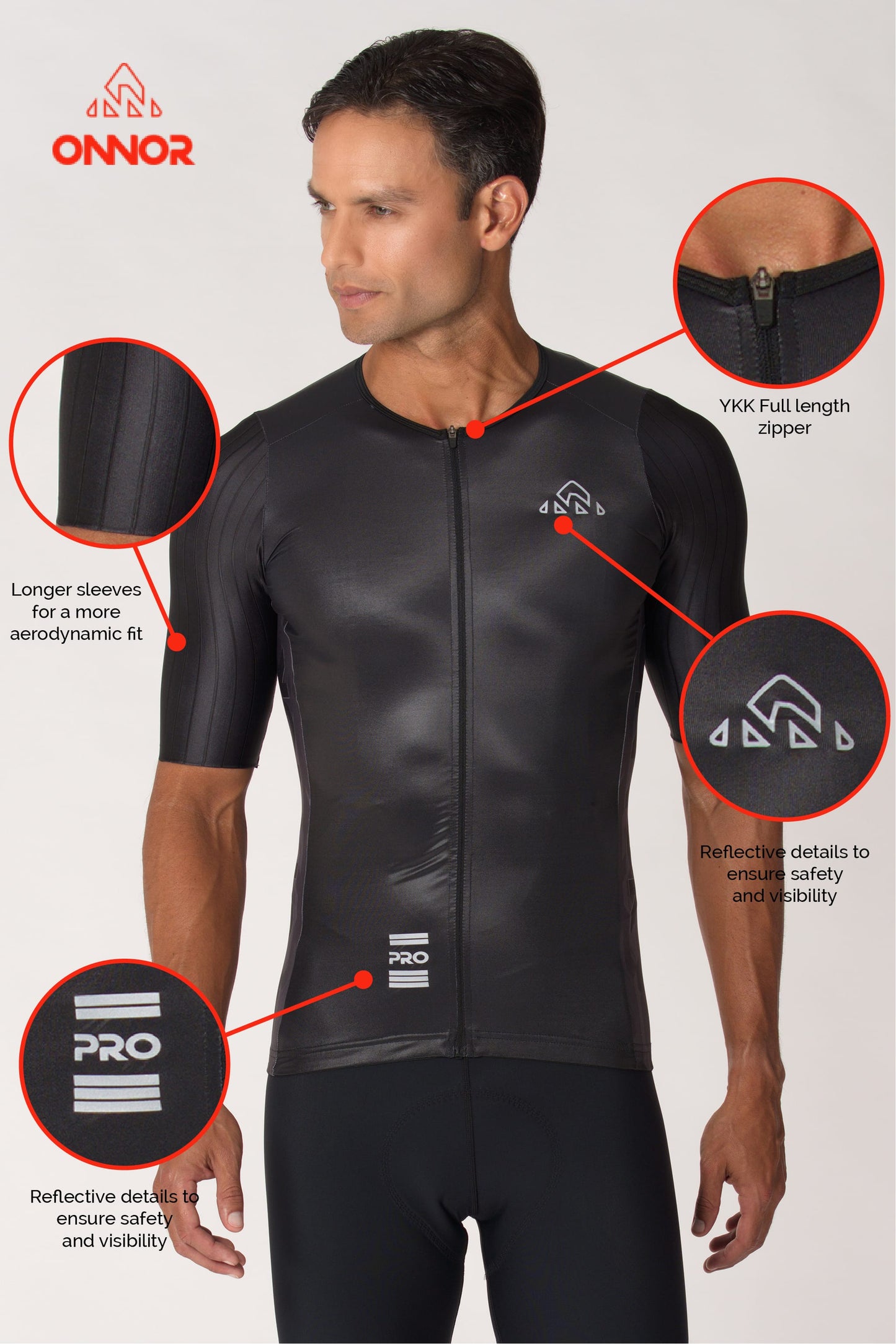 A male cyclist sporting a top-notch cycling jersey with short sleeves. This high-quality men's road cycling jersey offers superior breathability and moisture-wicking properties for a comfortable ride.