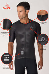 A male cyclist sporting a top-notch cycling jersey with short sleeves. This high-quality men's road cycling jersey offers superior breathability and moisture-wicking properties for a comfortable ride.