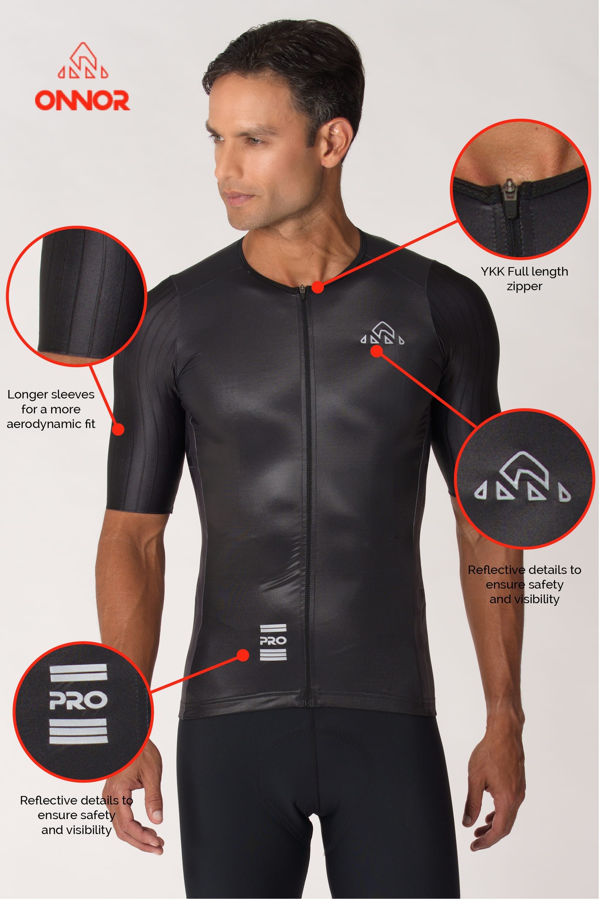 A male cyclist sporting a top-notch cycling jersey with short sleeves. This high-quality men's road cycling jersey offers superior breathability and moisture-wicking properties for a comfortable ride.