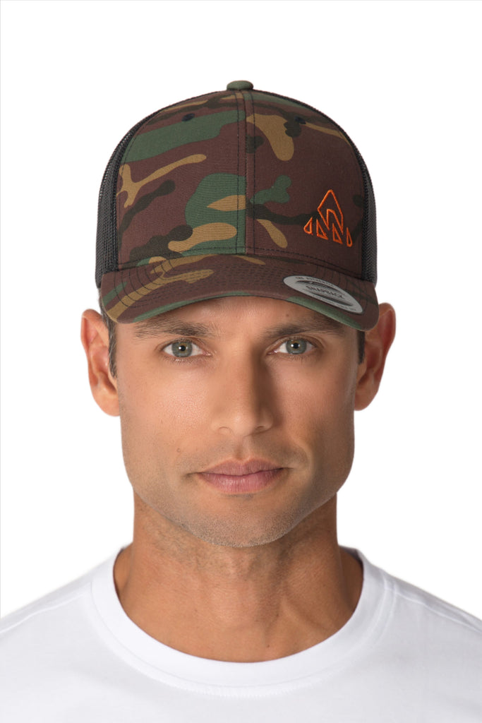 Trucker Cap Camo/Orange Mountain Logo - Unisex - men's camouflage caps - camo yupoong trucker hats men's retro trucker cap USA