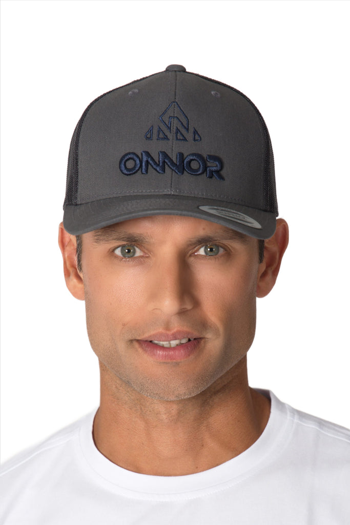Trucker Cap Gray/Blue Logo - Unisex - men's gray caps - gray yupoong classic men's the classics hats USA