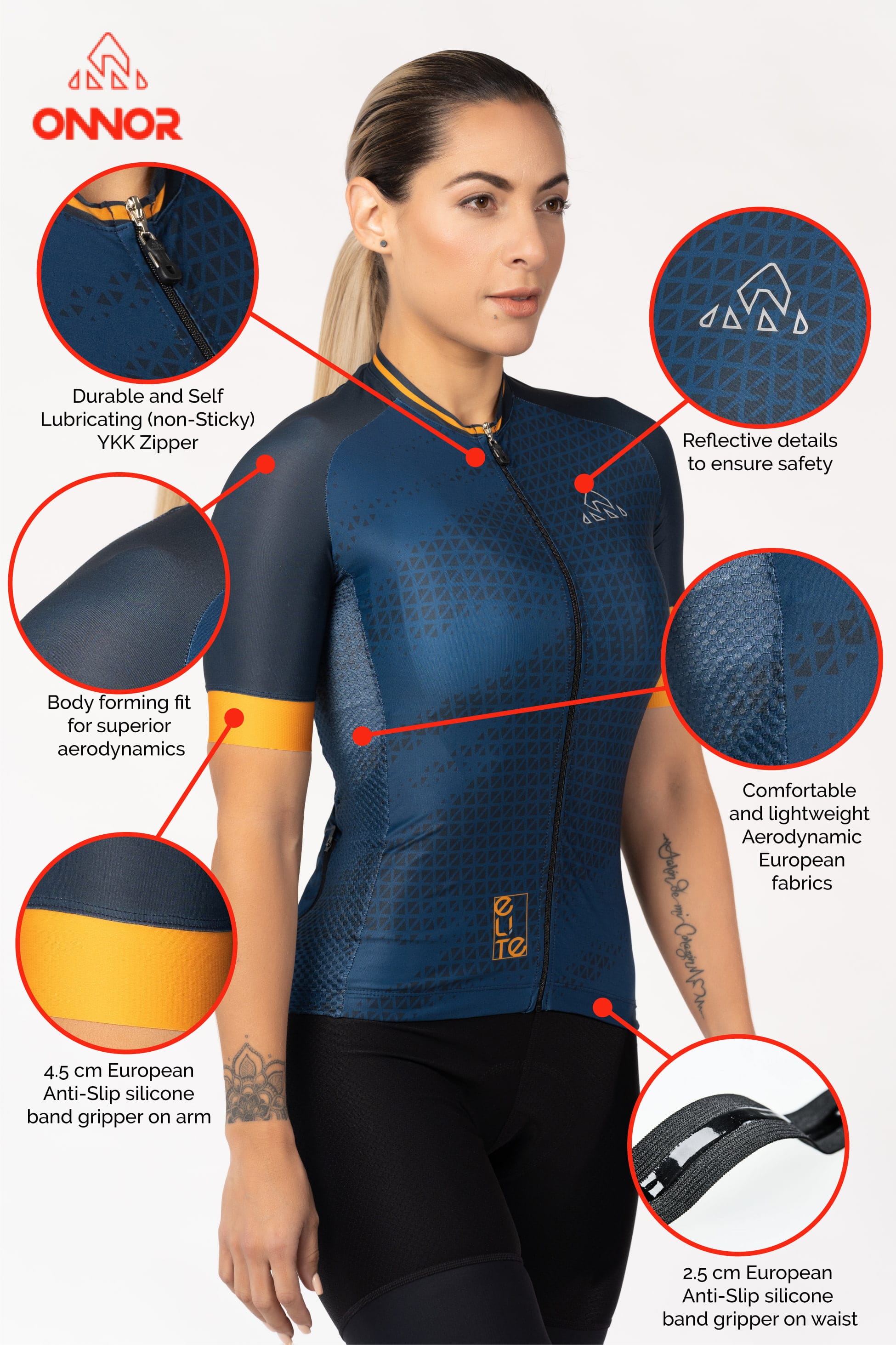 A short-sleeve women's biking jersey. The jersey has a sporty and dynamic design, with contrasting colors and bold graphics. It is made of a high-performance fabric that helps regulate body temperature and wicks away sweat.