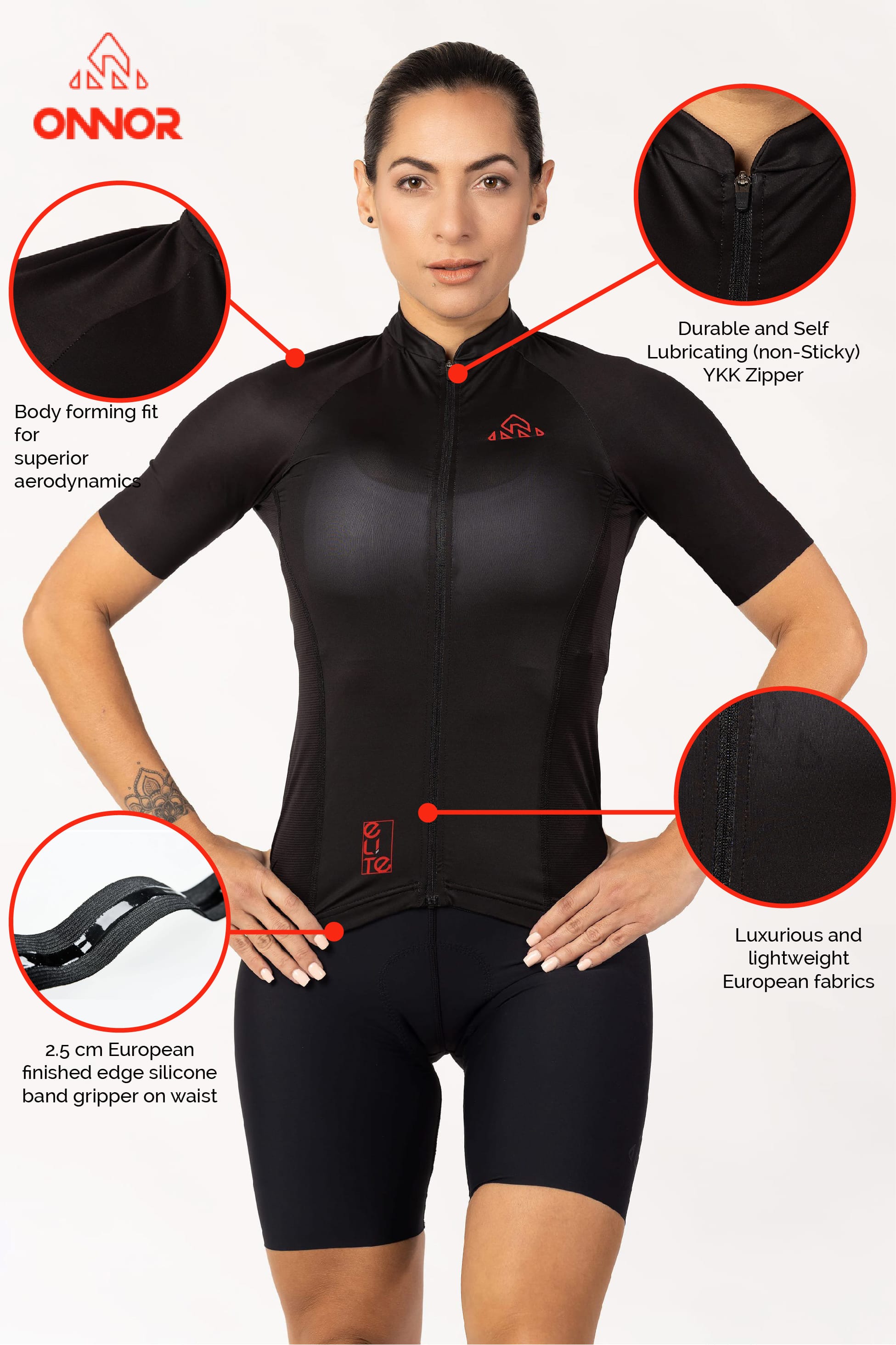 A female cyclist's jersey with short sleeves, showcasing a sporty and feminine style. The jersey is designed to provide maximum comfort and performance during rides.