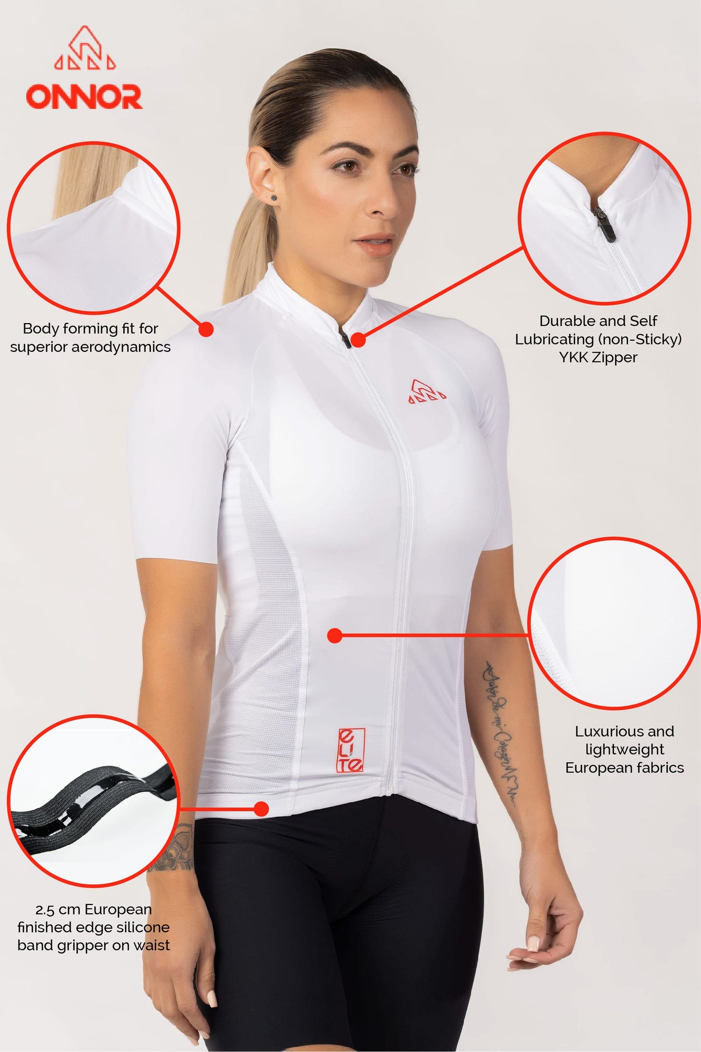 A feminine bike top featuring sleeves cut above the elbow. The top showcases a trendy and fashionable design, with a mix of patterns and textures. It is crafted from a stretchy and quick-drying fabric, ideal for intense cycling sessions.