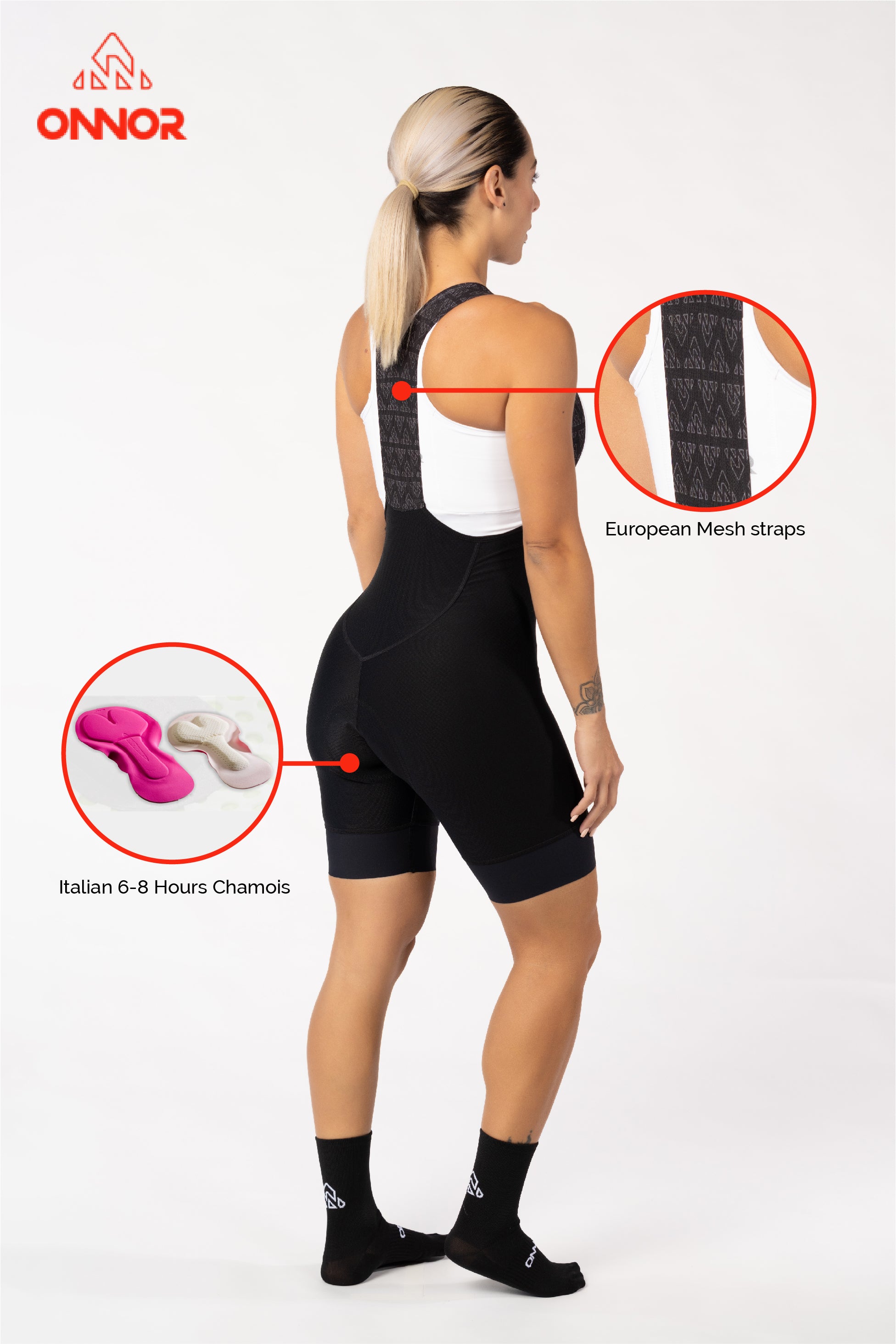 cycle wear - womens black cargo bib shorts comfortable for professional rider with mesh straps