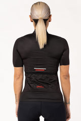 An image of a ladies' biking jersey with short sleeves. The jersey is made from high-quality fabric and offers a comfortable fit for women cyclists.