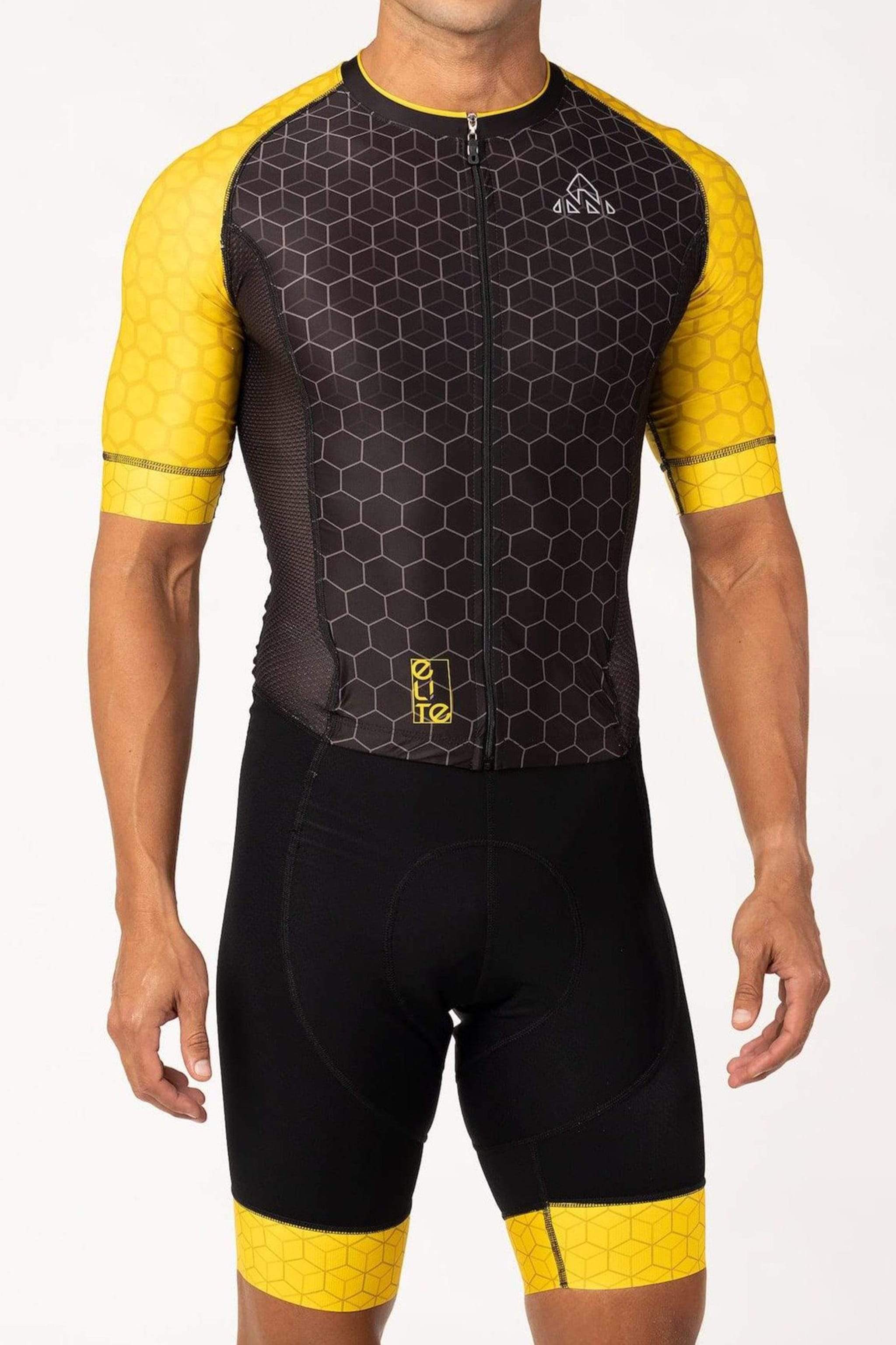 cycling clothes - mens black yellow cycling skinsuit short sleeve padded for amateur biker for long rides