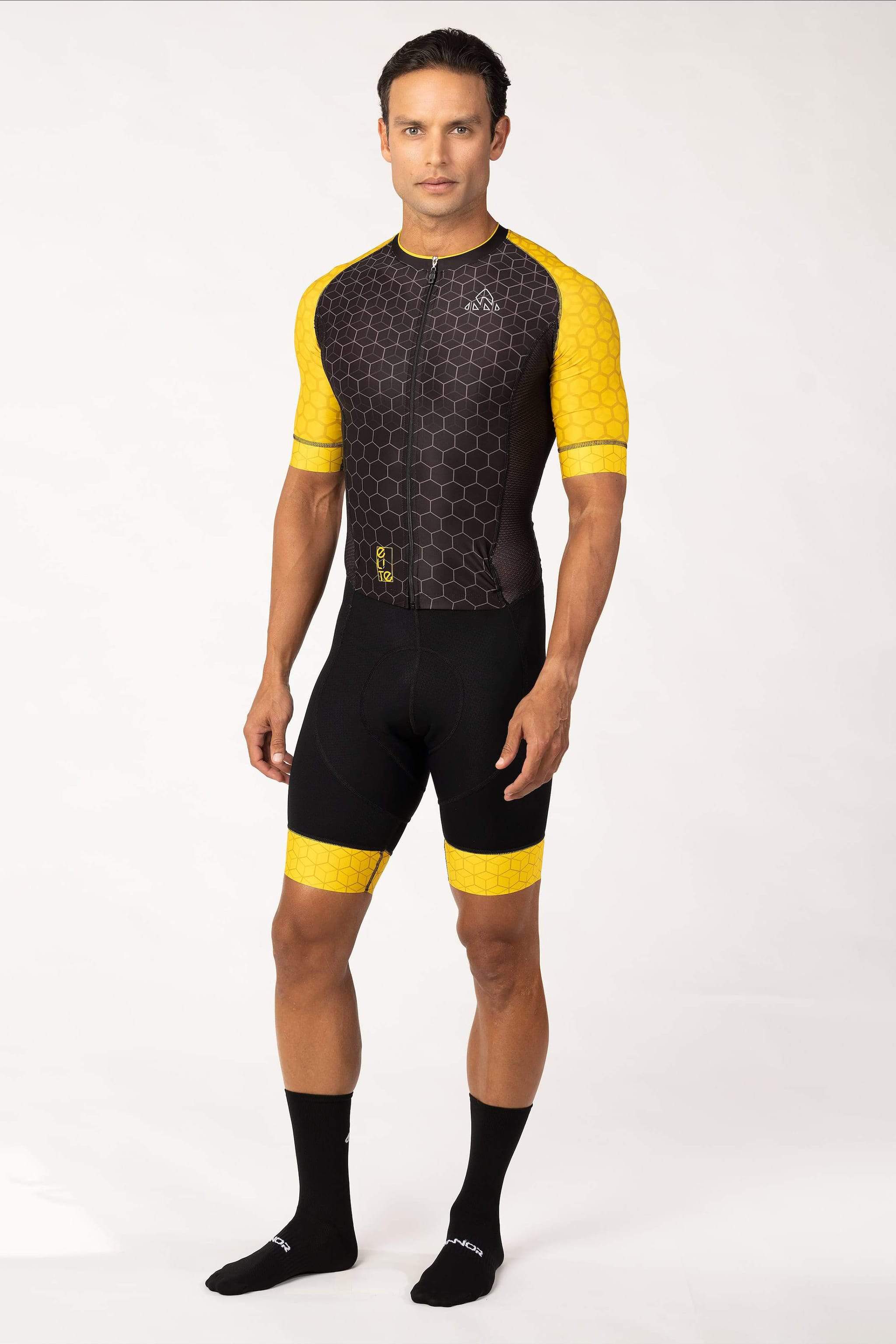 cycling apparel - men's black yellow cycling aerosuit short sleeve with pockets for amateur biker for long rides
