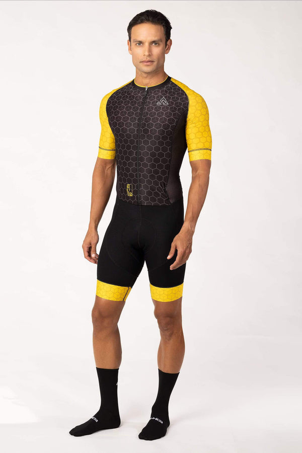  buy men's cycling aerosuits skinsuit short sleeve miami -  cycling apparel - men's black yellow cycling aerosuit short sleeve with pockets for amateur biker for long rides