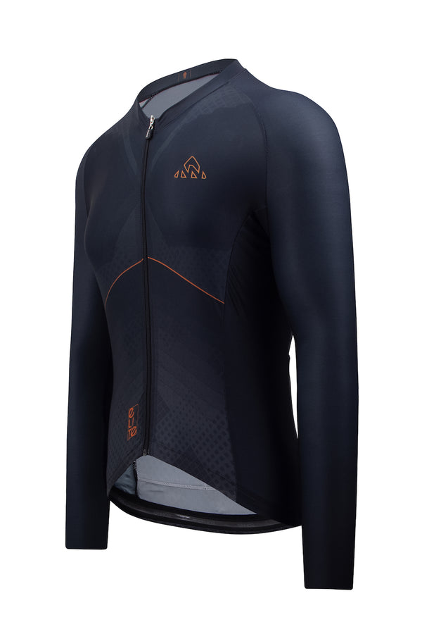  A close-up view of a men's biking top with long sleeves. The shirt is made of breathable fabric and features a vibrant design with bold patterns and colors. It is specifically designed for cycling, providing comfort and functionality for cooler weather. The long sleeves offer extended arm coverage, ensuring protection from wind and cold temperatures during rides.