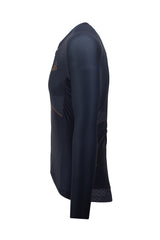 This image showcases a long-sleeved men's cycling shirt. The jersey is designed for cooler weather and provides excellent insulation and moisture-wicking properties. It is tailored specifically for road cycling, featuring a streamlined fit and extended sleeves for enhanced aerodynamics and comfort. The shirt's fabric is lightweight and breathable, allowing for optimal performance during rides.