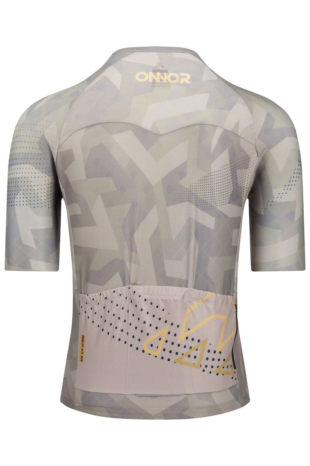 A male cyclist's short sleeve shirt. The shirt has a unique pattern and is made from a durable, stretchy fabric for optimal performance.