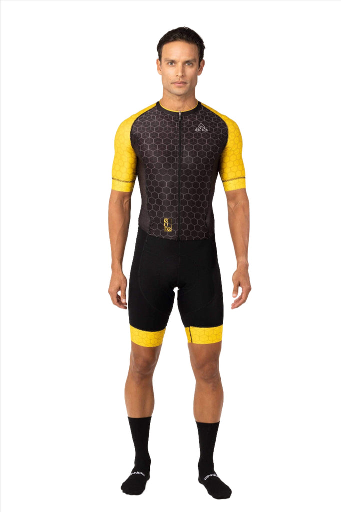 Men's Bumblebee Elite Cycling Skinsuit - men's black/yellow skinsuits short sleeve - bike clothing - mens black yellow cycling aerosuit short sleeve lightweigh for amateur rider for long distances