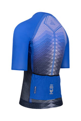A photo of a men's biking jersey with short sleeves. This men's cycling tee combines style and functionality, making it an excellent choice for biking enthusiasts.