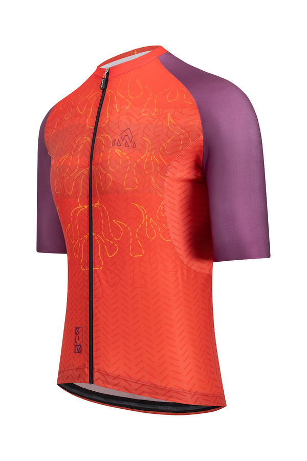  seo premium cycling jerseys in miami | high quality gear for cyclists  sale -  A men's bike jersey with a short sleeve design. The jersey has a stylish colorblock pattern and a silicone gripper at the hem to keep it in place.