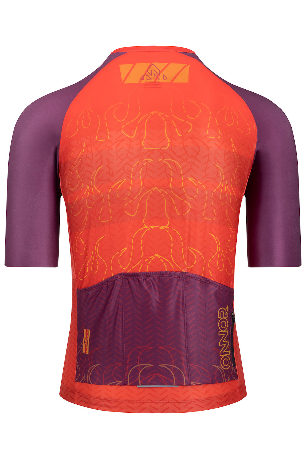 A male cyclist's short sleeve jersey. The jersey features a high collar and a full-length front zipper for customizable ventilation.