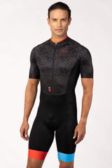 clothing for triathlon - mens black tri suit short sleeve with chamois for long rides