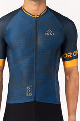 A male cyclist wearing a short-sleeved cycle jersey. This men's cycling t-shirt provides a perfect balance of style and functionality, making it a great choice for any biking enthusiast.