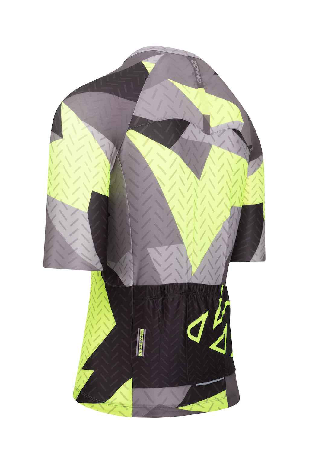 A men's cycling jersey with short sleeves. The jersey has a bold graphic design and a full-length front zipper for easy temperature regulation.