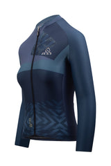 A vibrant image of a ladies' cycling top featuring long arms. The women's biking jersey is crafted for cooler weather and offers full arm coverage. Its extended sleeves provide added warmth and protection during rides. This cycling garment has a sleek design and is tailored for women riders who value comfort and performance.
