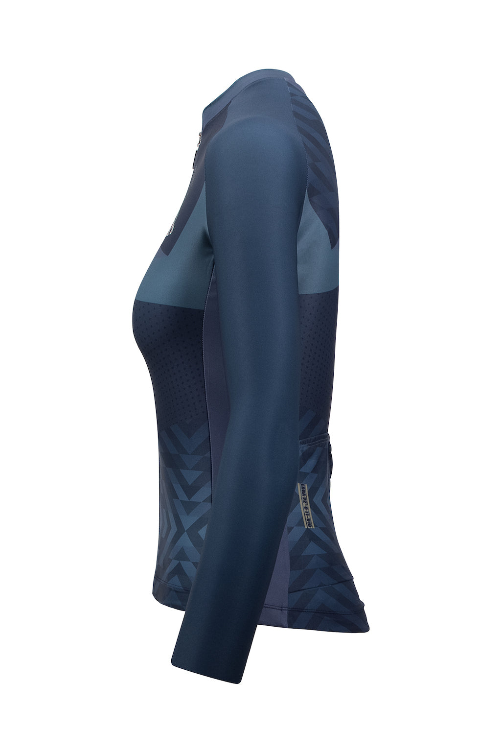 A close-up shot of a women's long sleeve cycling apparel. The jersey is designed for female cyclists and features extended sleeves for full arm coverage. It is a perfect choice for cooler weather conditions, providing both warmth and style. This long-sleeved jersey for women cyclists is tailored to enhance comfort and performance.