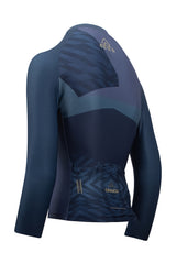 An image showcasing a female rider's jersey with extended sleeves. The women's cycling shirt is designed to offer full arm protection and coverage. It is crafted for cooler weather rides and ensures optimal comfort and style. This women's cycling jersey is tailored specifically for the needs of women cyclists.