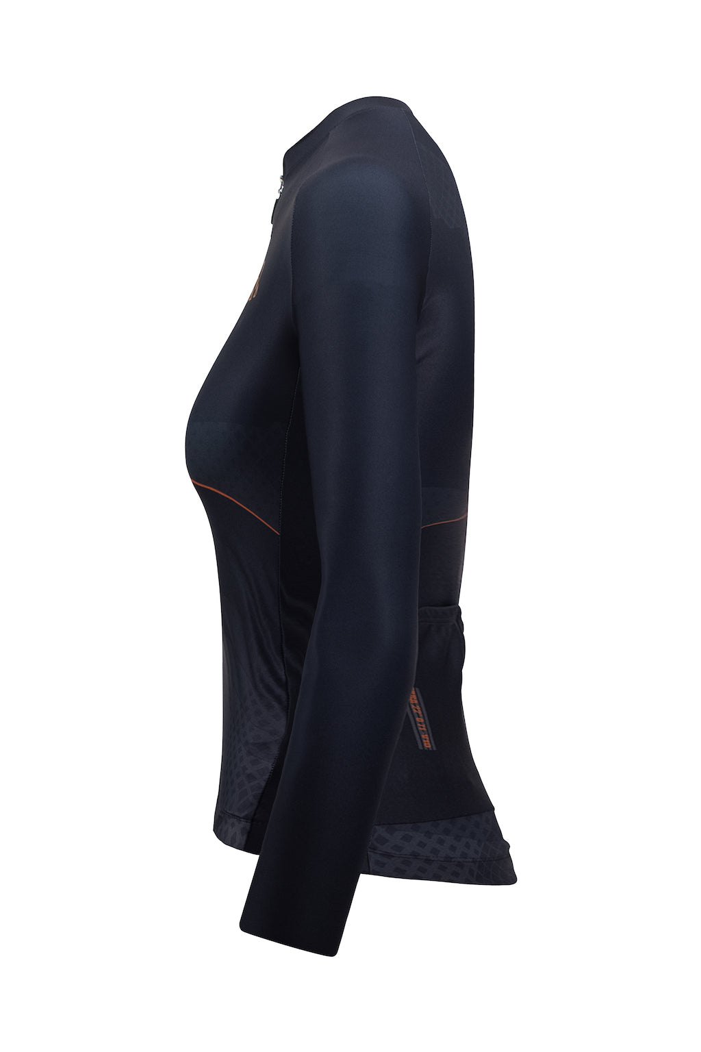 An action shot of a female cyclist wearing a ladies' cycling jersey with long sleeves. The jersey is designed for women riders and offers full arm protection. Its extended sleeves provide additional warmth and coverage, making it suitable for colder conditions. The women's biking jersey has a stylish design and is ideal for cooler weather rides.