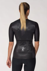 An image of a ladies' biking jersey with short sleeves. The jersey is made from high-quality fabric and offers a comfortable fit for women cyclists.