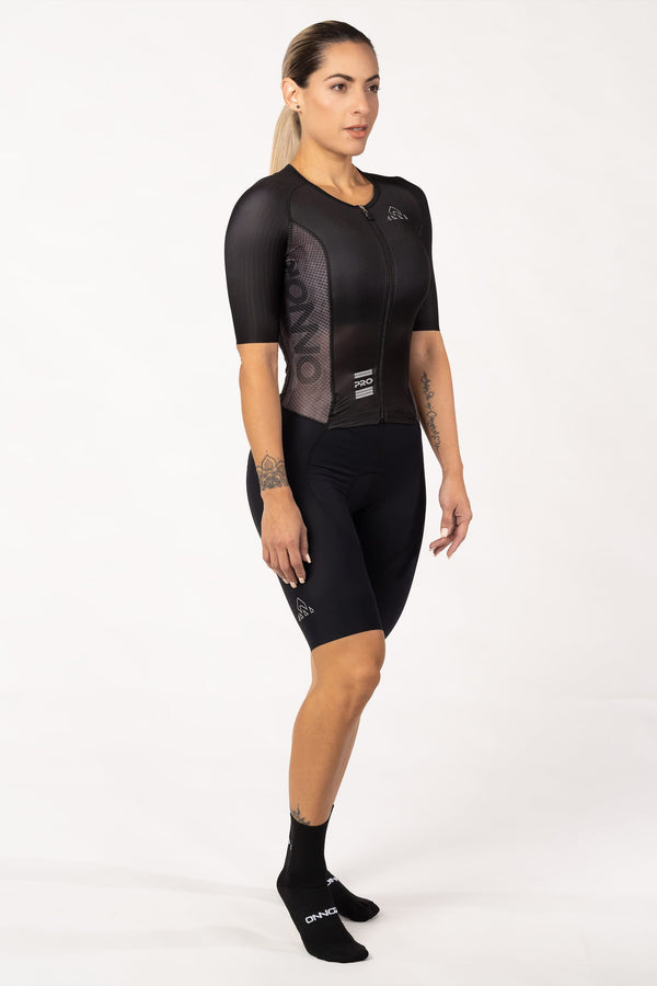  biking clothing - women's black cycling aerosuit short sleeve with pockets for professional cyclists for long distances