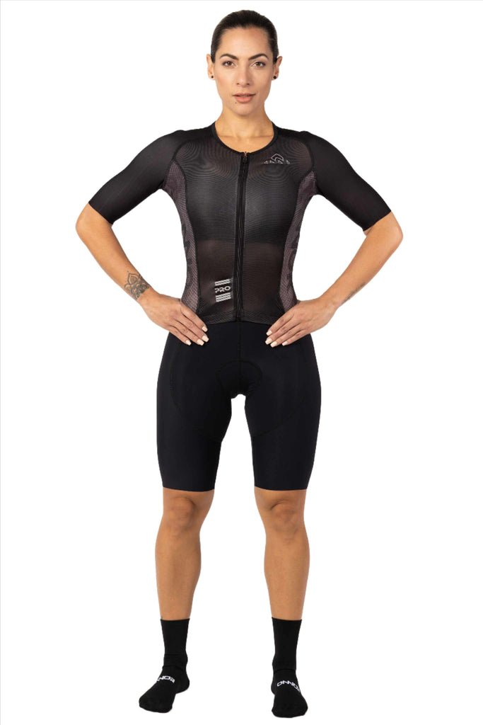 Women's Carbon X1 Black Pro Cycling Skinsuit - women's black skinsuits short sleeve - cycle wear - women's black cycling aerosuit short sleeve padded for professional rider for long distances