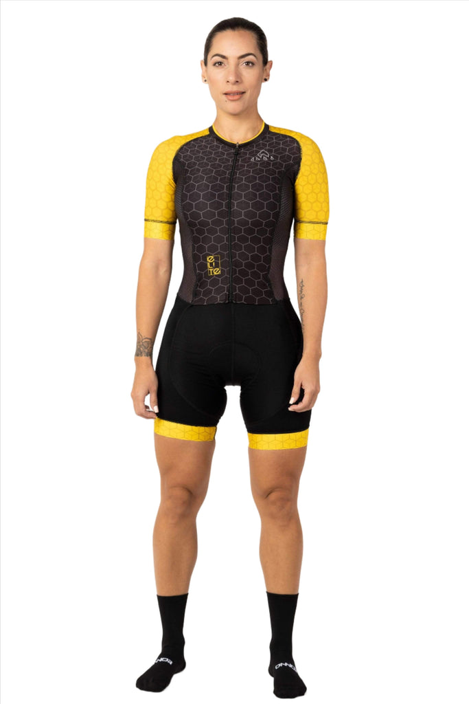 Women's Bumblebee Elite Cycling Skinsuit - women's black/yellow skinsuits short sleeve - cycling clothes - women's black yellow cycling aerosuit short sleeve comfortable for professional biker for long distances