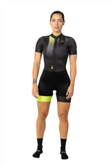clothing for triathlon - womens black triathlon suit short sleeve with pockets for long distances