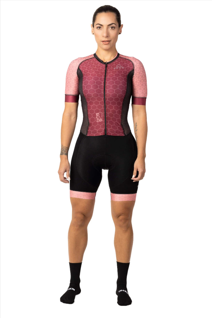 Women's Pinkbee Elite Cycling Skinsuit - women's pink skinsuits short sleeve - bike cloth - women's pink cycling suit short sleeve with pockets for professional cyclists for long rides
