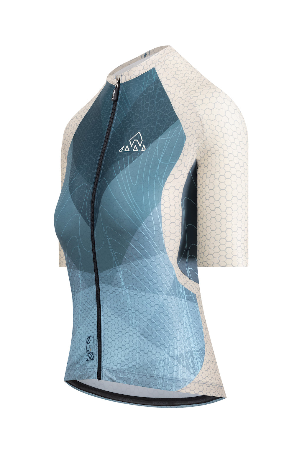 A close-up of a vibrant, short-sleeved women's biking top with a unique pattern, perfect for cycling enthusiasts.