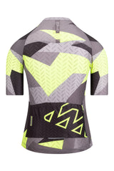 A female cycling blouse with short sleeves, designed with performance-oriented features to enhance comfort and aerodynamics.